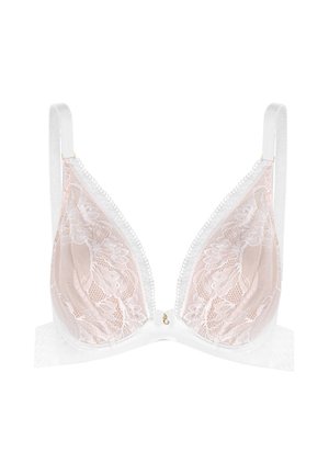Lace triangle bra with a soft pink base, white straps, scalloped edges, and a gold accent at the center. Material features a floral pattern.