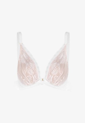 Lace triangle bra with a soft pink base, white straps, scalloped edges, and a gold accent at the center. Material features a floral pattern.