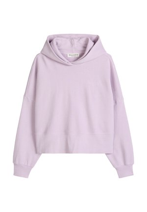 Sweat à capuche court de couleur violet clair avec manches longues et larges poignets, doté d'un petit logo sur la poitrine et d'une étiquette de marque cousue à l'intérieur du col.