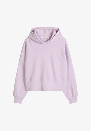 Sweat à capuche court de couleur violet clair avec manches longues et larges poignets, doté d'un petit logo sur la poitrine et d'une étiquette de marque cousue à l'intérieur du col.
