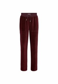 Burgundské sametové joggers s elastickým pasem a šňůrkou, které mají dvě přední kapsy a rovný střih nohavic.
