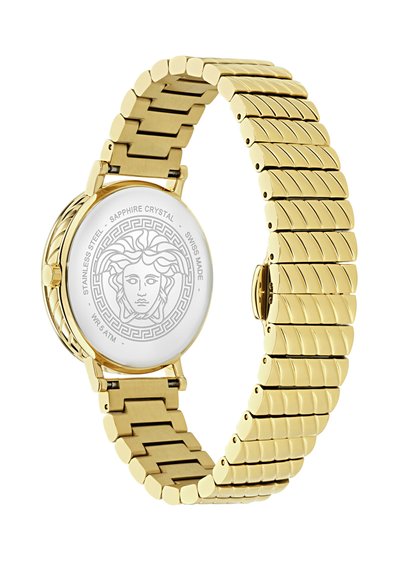 Kuldmetallist link käevõru kell, millel on graveeritud Medusa pea ja tekst, mis näitab roostevaba terast, safiirkristalli, Šveitsi tootmist ja veekindlust.