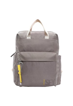 Gray textured fabric backpack with beige handles, front zip pocket, yellow accent on zipper pull, and logo on the bottom corner.