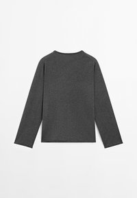Dark gray long-sleeve crew neck shirt laid flat showing the back, with a simple, plain design and straight hem.