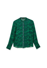 Grüne Bluse mit langen Ärmeln, die ein durchgehendes dunkles Blumenmuster aufweist. Rundhalsausschnitt und Knopfverschluss auf der Vorderseite. Leichter Stoff.