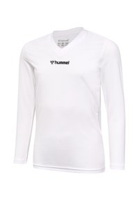 Maglietta atletica bianca a maniche lunghe con scollo a V, tessuto strutturato e logo "hummel" nero sul davanti. Design semplice, senza ulteriori fantasie.