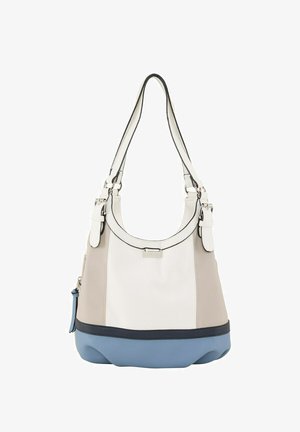 Hobo taske i hvid, grå og blå syntetisk materiale; har en bred rem, sølvhardware og en glat tekstur med en ensfarvet bund.
