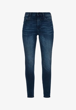 Tumed sinised kitsad teksad, sujuva denimi tekstuuriga, viis taskut, vööaasad ja eesmine nupulukk. Puhtapuhas, klassikaline disain.