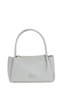 Borsa a tracolla in pelle grigia con un design strutturato, dotata di chiusura con zip superiore, maniglie corte e un accento dorato con logo sul davanti.