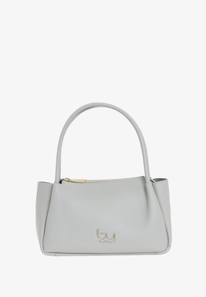 Borsa a tracolla in pelle grigia con un design strutturato, dotata di chiusura con zip superiore, maniglie corte e un accento dorato con logo sul davanti.