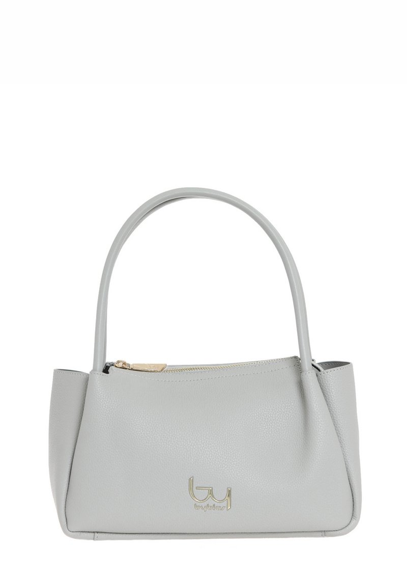 Borsa a tracolla in pelle grigia con un design strutturato, dotata di chiusura con zip superiore, maniglie corte e un accento dorato con logo sul davanti.
