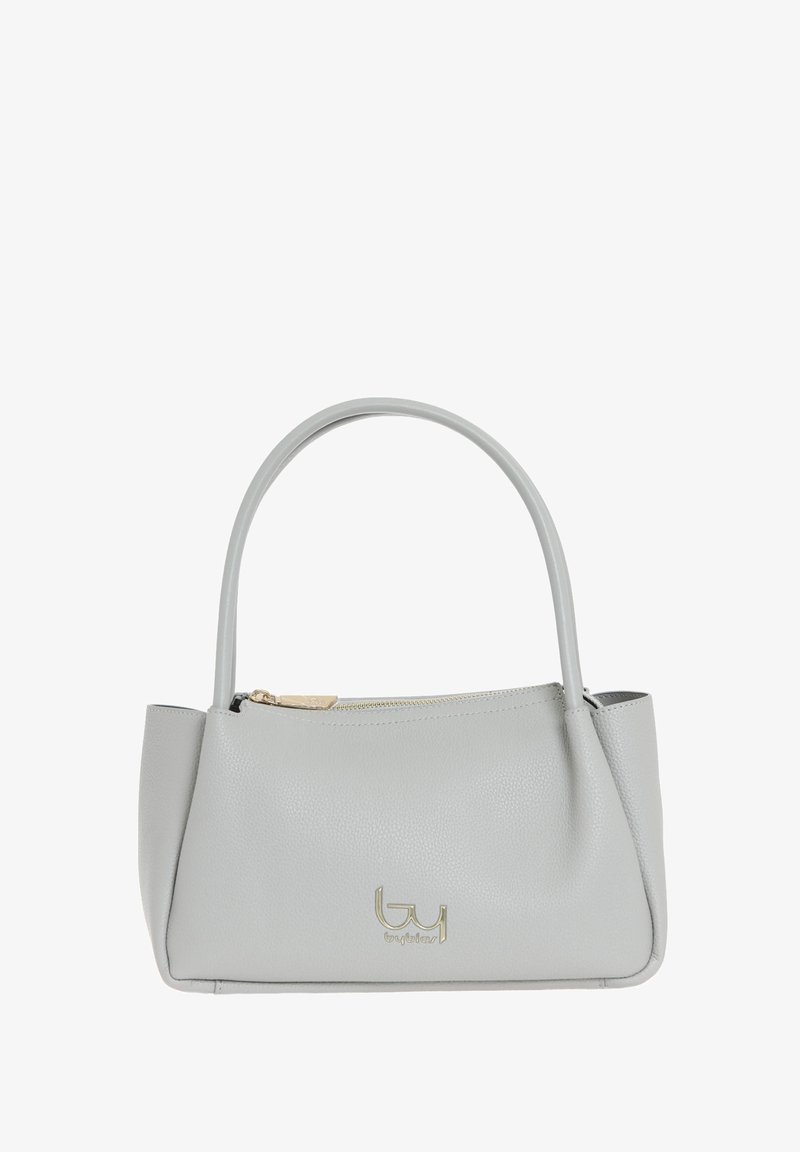 Borsa a tracolla in pelle grigia con un design strutturato, dotata di chiusura con zip superiore, maniglie corte e un accento dorato con logo sul davanti.