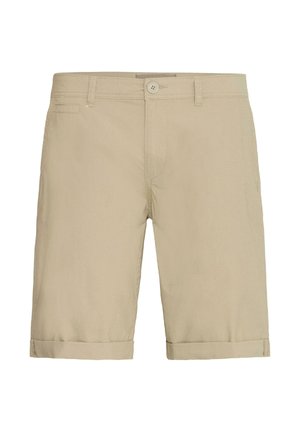 Beige bomuldsshorts med lige snit, foldbare manchetter og frontknaplukning. Har sidelommer og en subtil tekstur.