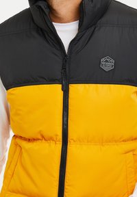 Veste sans manches matelassée jaune et noire avec fermeture éclair, dotée d'un col montant, d'une texture matelassée et d'un logo sur le haut à gauche. Design bicolore classique.