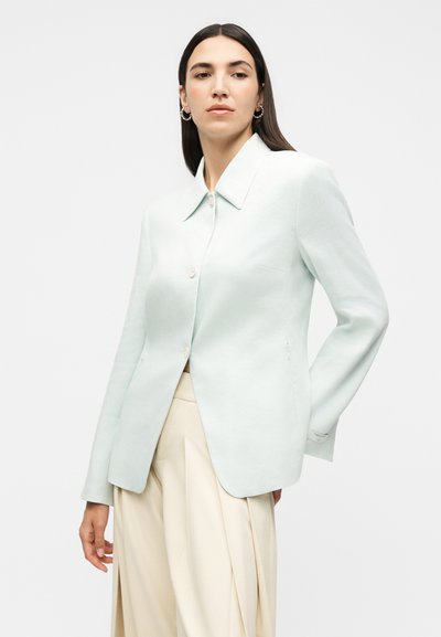 Γυναίκα με ίσια σκουρόχρωμα μαλλιά που φορά ασημένια κρίκους σκουλαρίκια, ανοιχτό μπλε σακάκι με κουμπιά και κρεμ παντελόνια με φαρδιά μπατζάκια σε λευκό φόντο.