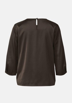 Ciemnobrązowa bluzka z długim rękawem, z wycięciem w kształcie klucza i zapięciem na guzik z tyłu u góry, gładka tkanina i prosty fason.