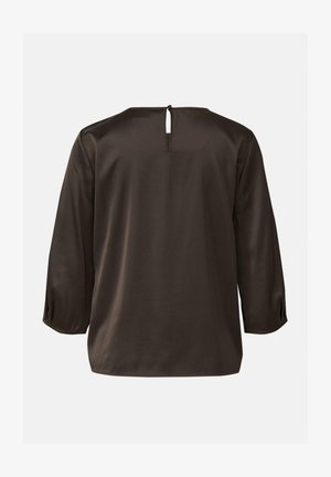 Dark brown long-sleeve blouse with a keyhole and button closure at the upper back, smooth fabric and simple design.
