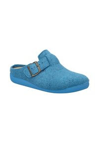 Sabots en feutre bleu avec une forme arrondie, dotés d'une boucle latérale et d'une semelle en caoutchouc bleu léger. Texture douce et coupe décontractée.
