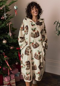 Kreemjas fliiskangas ülisuur dressipluus leopardiprindiga ning jõulude hõnguga; varustatud kängurutaskute ja kapuutsiga.