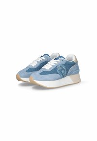 Light blue suede sneakers with white laces, a thick white sole, and blue denim accents. Features a logo on the side and a padded collar.