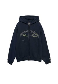 Navy zip-up hoodie made of cotton, featuring front pockets, intricate green embroidery, and a relaxed fit. Minimalistic design with a hood.