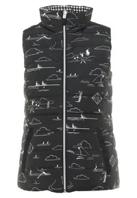 Svart vadderad väst med vita illustrationer av utomhusaktiviteter, hög krage, frontdragkedja och sidofickor, med quiltat mönster.