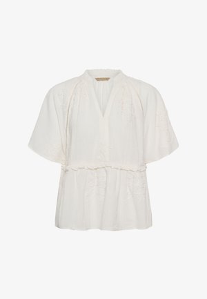 Bijela bluza s kratkim rukavima i V-izrezom, ukrašena cvjetnim vezom, s detaljem nabrane struka i ležernim krojem.