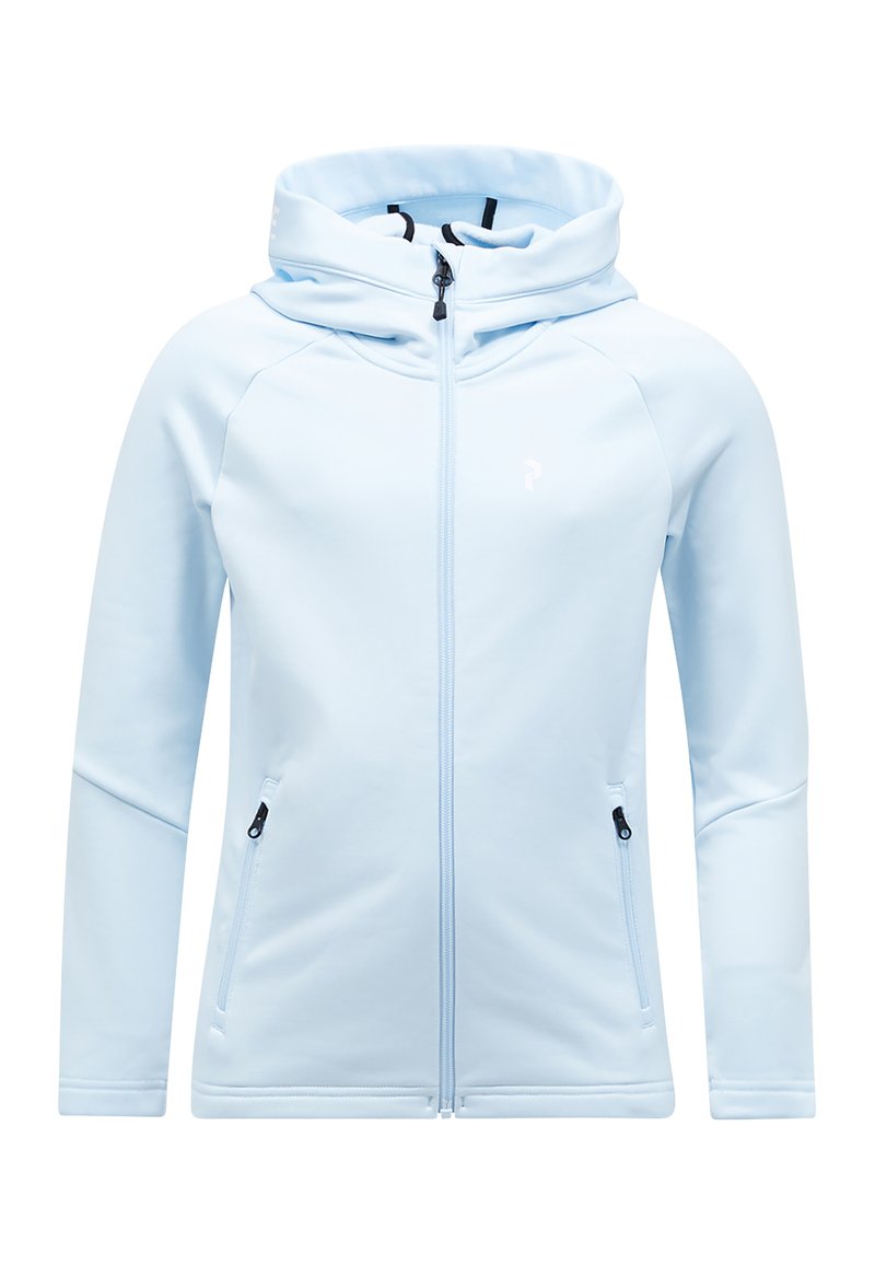 Felpa con zip di colore blu chiaro realizzata in tessuto leggero e morbido. Presenta un cappuccio a doppio strato, tasche laterali con zip e un dettaglio con il logo.