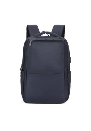 Navy backpack made of durable fabric, featuring padded shoulder straps, a front zippered pocket, and a textured surface for grip.