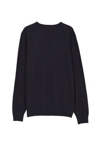 Pull noir uni à manches longues avec col rond, poignets et bas côtelés, posé à plat avec le dos vers le haut.