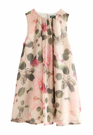 Abito floreale con design senza maniche, caratterizzato da uno sfondo crema e motivi botanici in rosa, verde e viola, realizzato in tessuto leggero.
