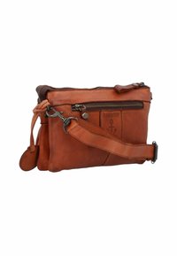 Bruine leren pouch met een rits, voorzien van een verstelbare band, gestikte accenten en een gedrukte ankerlogo aan de voorkant.