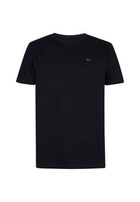 Tricou negru din bumbac, cu mâneci scurte, decolteu rotund, având un mic logo albastru pe partea stângă a pieptului. Textură moale, croi normal.