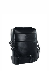 Borsa a tracolla nera in pelle con forma rettangolare, caratterizzata da una superficie testurizzata, cinghia regolabile e un logo impresso sulla parte anteriore.