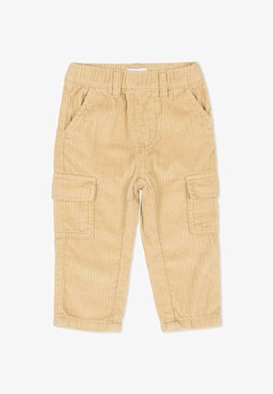 Beżowe spodnie cargo z aksamitu, z pionowymi prążkami, elastycznym pasem, bocznymi kieszeniami oraz przeszyciami na kieszeniach.