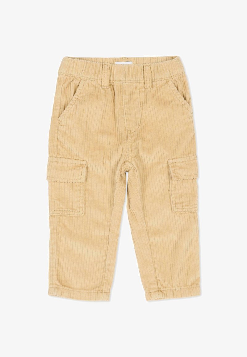 Beżowe spodnie cargo z aksamitu, z pionowymi prążkami, elastycznym pasem, bocznymi kieszeniami oraz przeszyciami na kieszeniach.