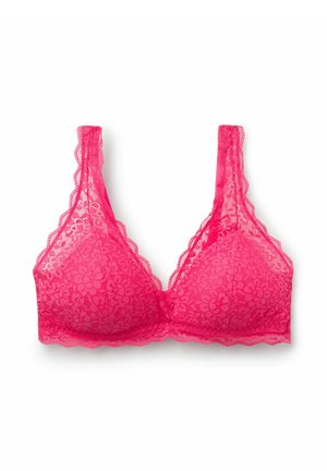 Bralette en dentelle rose avec motif floral, bonnets triangulaires, bords festonnés et bretelles ajustables. Conception légère et sans couture.