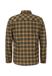 Grünes und braunes Karo-Flanellhemd mit langen Ärmeln, einem Kragen und einem geknöpften Manschette, aus einem strukturierten, weichen Stoff.