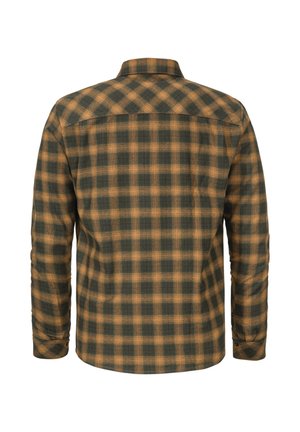 Grünes und braunes Karo-Flanellhemd mit langen Ärmeln, einem Kragen und einem geknöpften Manschette, aus einem strukturierten, weichen Stoff.