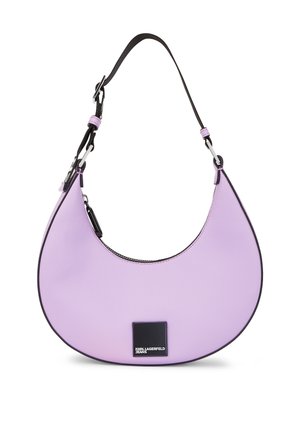 Purple leather hobo bag with a smooth texture, black accents, a detachable strap, and a logo plaque on the front. Zippered closure.