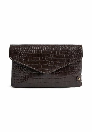 Dark brown leather clutch purse with crocodile texture, envelope flap, and small round metal logo on bottom right corner.