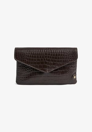 Dark brown leather clutch purse with crocodile texture, envelope flap, and small round metal logo on bottom right corner.