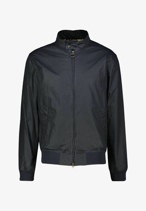 Dunkelblaue leichte Jacke mit hohem Kragen, Reißverschluss, gerippten Bündchen und Seitentaschen. Glattes Material mit einem leicht glänzenden Finish.