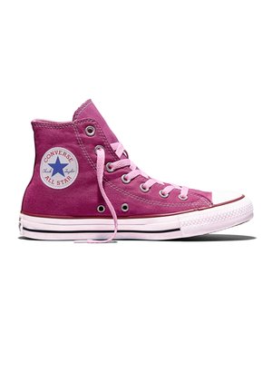 Magenta-farbener Converse Chuck Taylor All Star High-Top-Sneaker mit weißer Gummisohle und Zehenkappe, pinken Schnürsenkeln und sichtbarem Markenlogo am Knöchel.