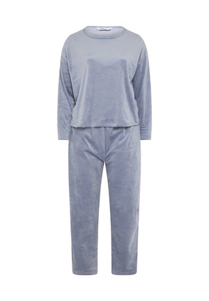 Blød lys grå velour langærmet bluse og matchende bukser med elastisk talje, afslappet pasform, casual loungewear.