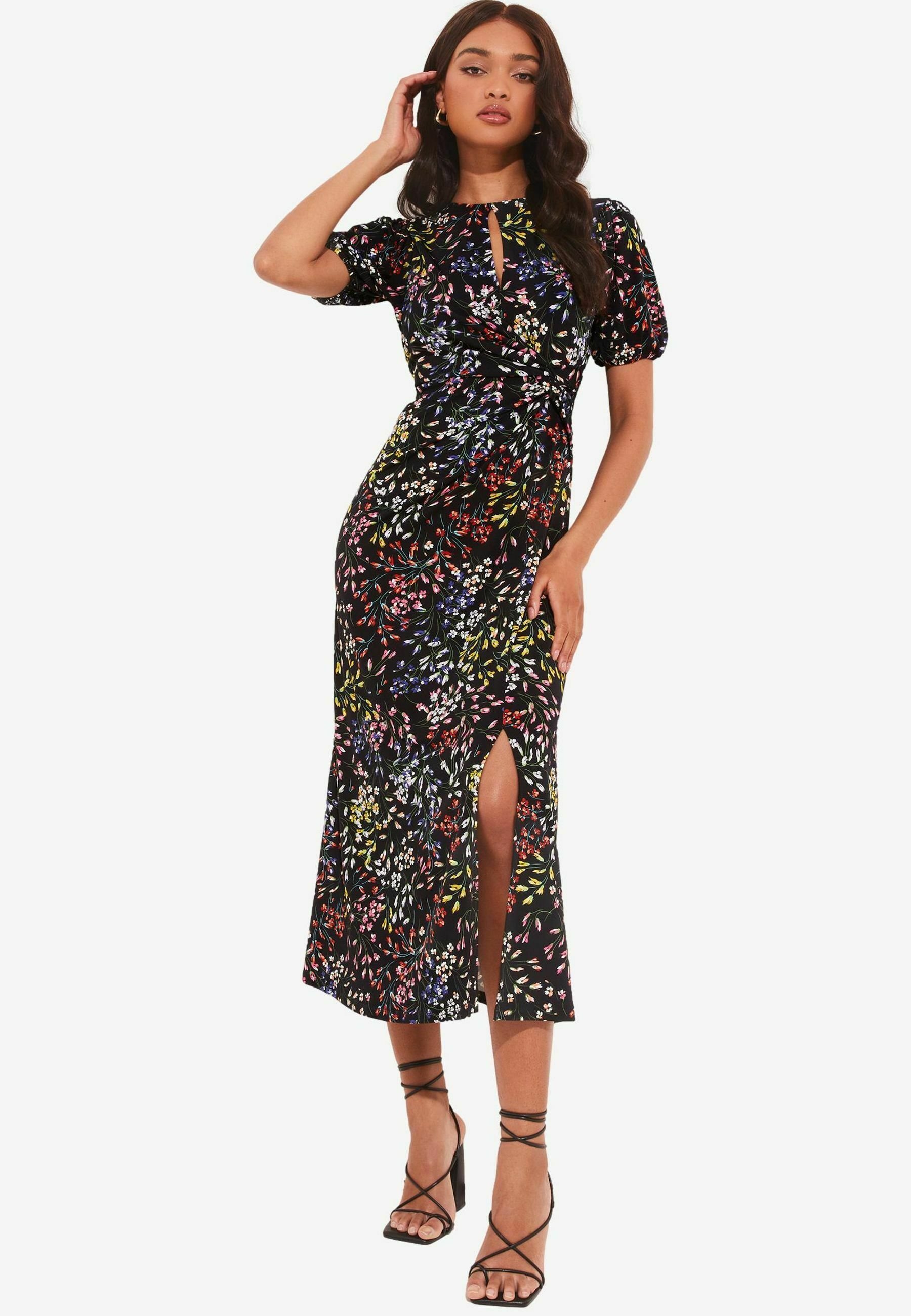 Halter Neck Lipsy Black Floral Dress High Neck Midi Dress Black Lace Dress  With Beige Lining