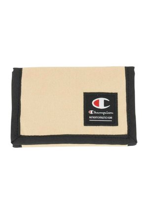 Portafoglio in tessuto beige con bordatura nera e toppa nera con il logo Champion e testo "Authentic Athletic Wear".