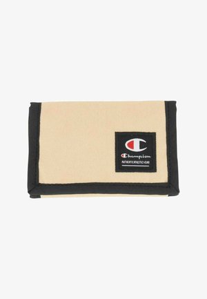 Portafoglio in tessuto beige con bordatura nera e toppa nera con il logo Champion e testo "Authentic Athletic Wear".