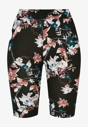 Floral bike shorts in black fabric, featuring a variety of colors including pink, blue, and white. Smooth texture with a fitted design.
