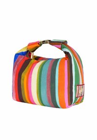 Bunte Stoffhandtasche mit horizontalen Streifen in verschiedenen Farbtönen, runder Form, mit Reißverschluss und einem großen Schulterriemen.